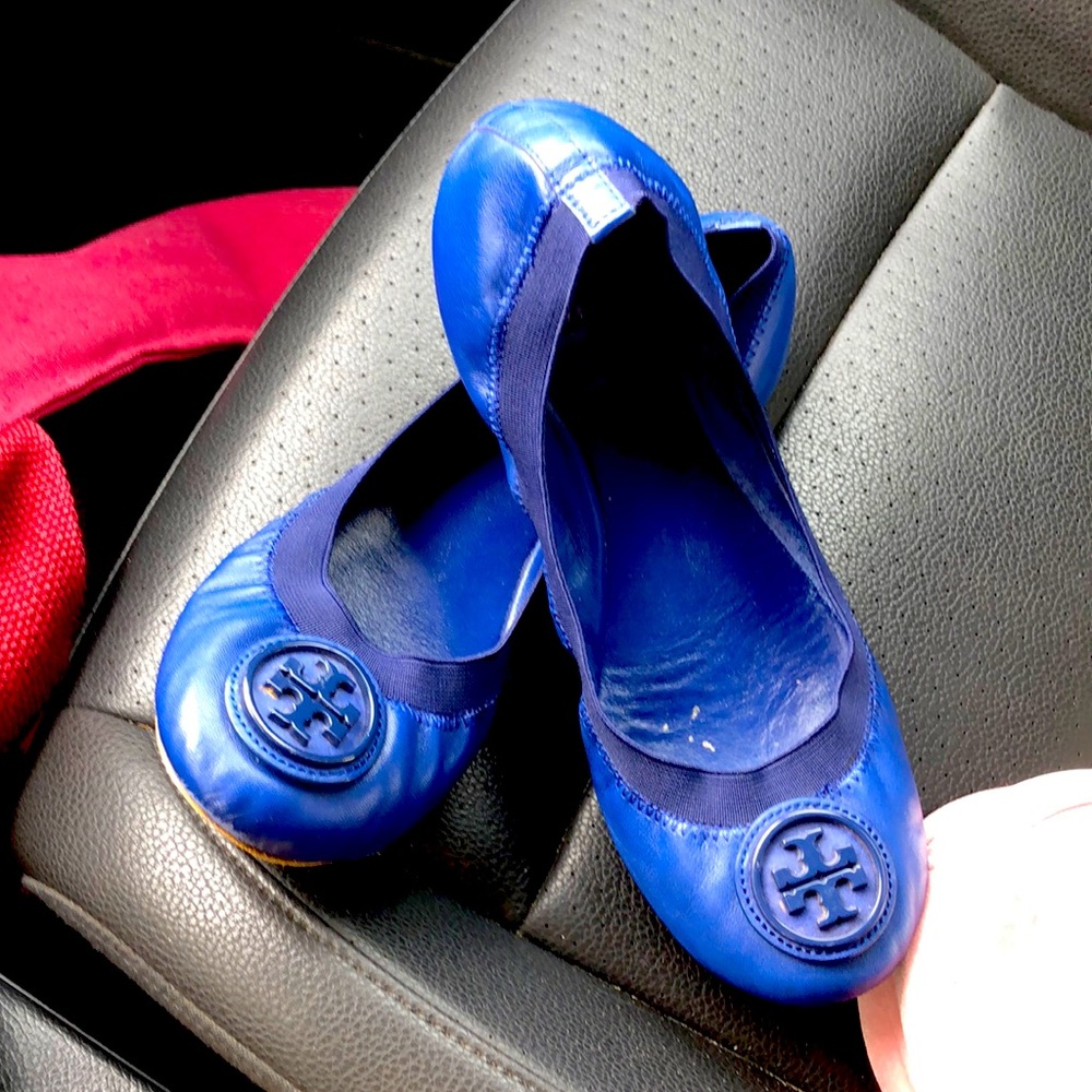 Tory Burch Royal Blue Leather Logo Ballet Flats